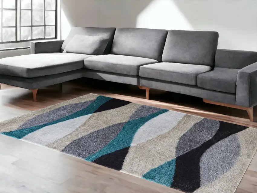 Gray Black and Blue Shag Hand Tufted Area Rug Photo 2
