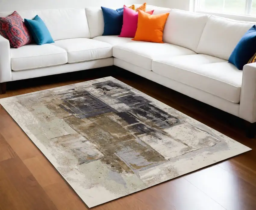 Gray Black and Brown Abstract Power Loom Area Rug Photo 1