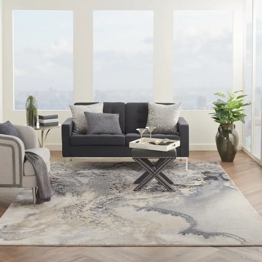 Gray Black and Ivory Abstract Area Rug Photo 5