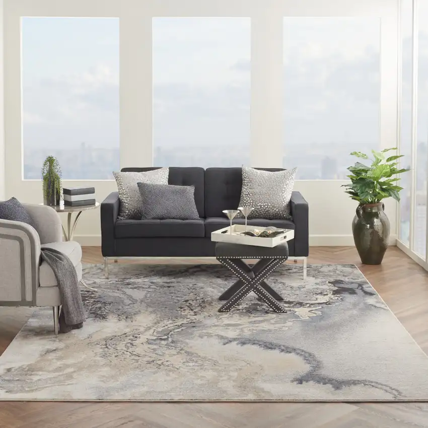 Gray Black and Ivory Abstract Area Rug Photo 7