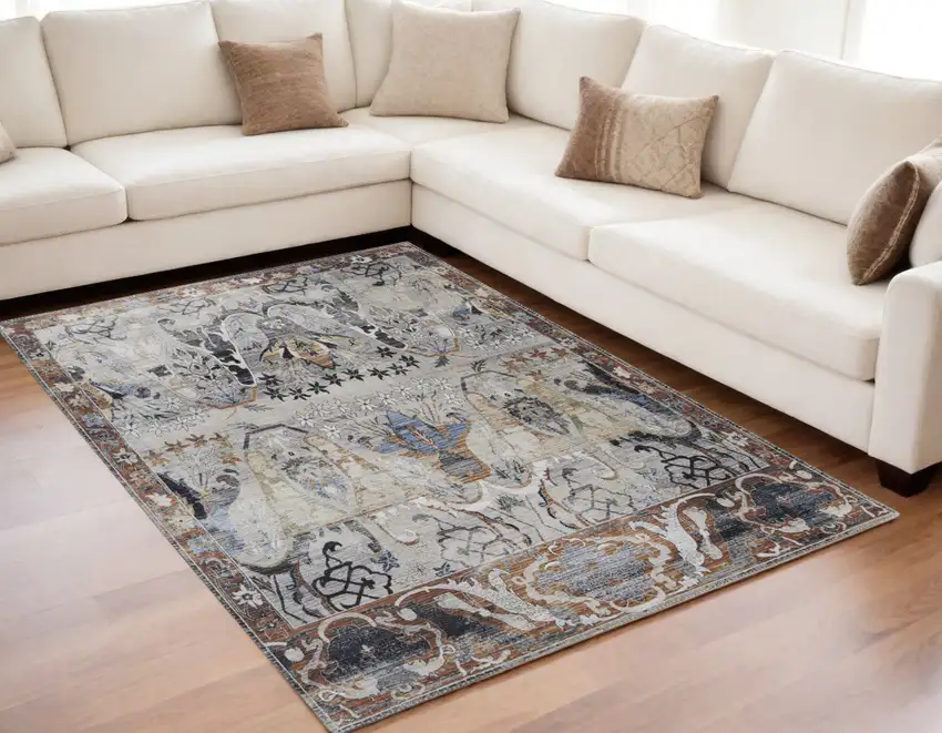 Gray Black and Red Ikat Power Loom Area Rug Photo 1