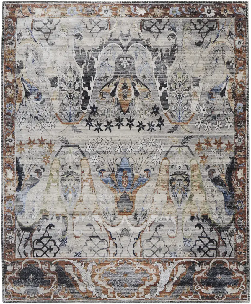 Gray Black and Red Ikat Power Loom Area Rug Photo 2