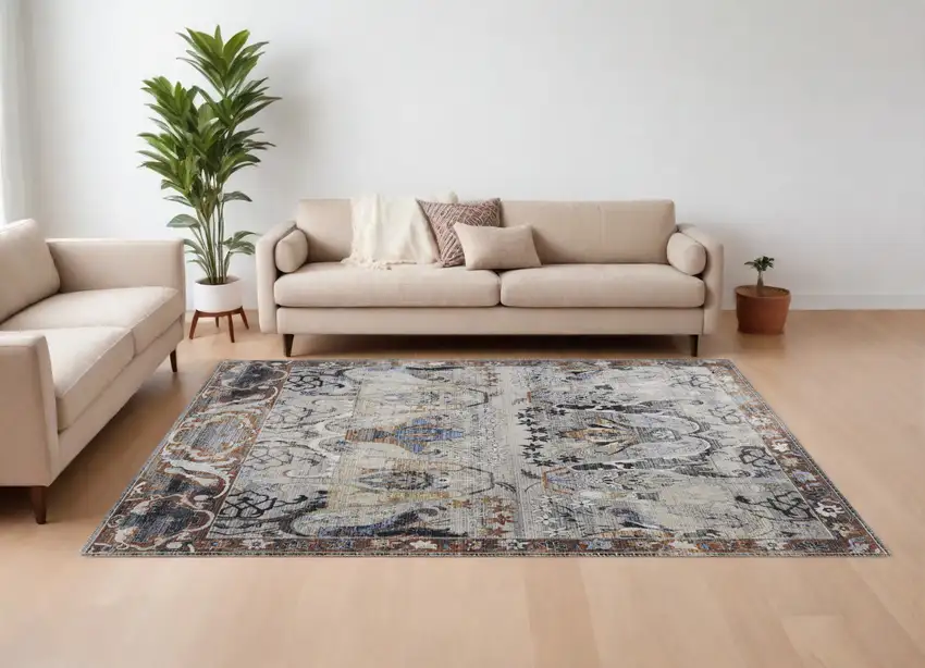 Gray Black and Red Ikat Power Loom Area Rug Photo 1