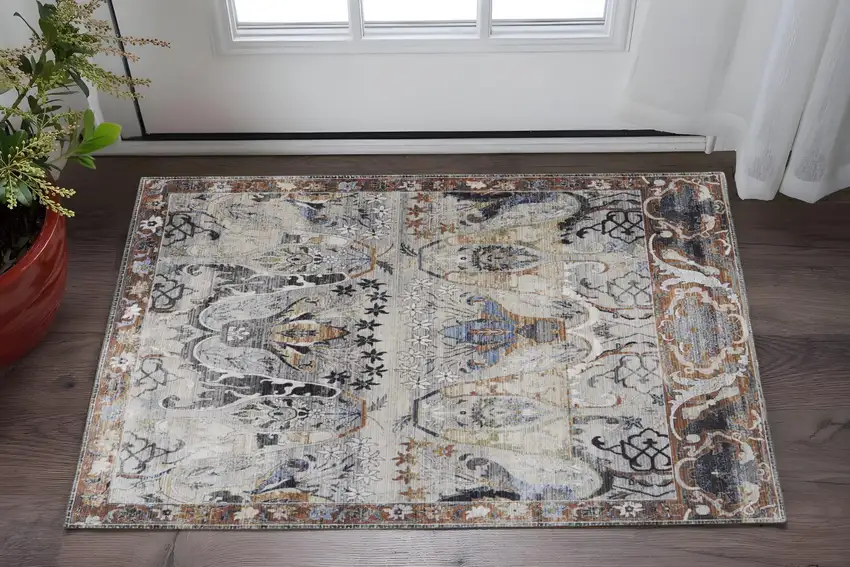 Gray Black and Red Ikat Power Loom Area Rug Photo 1