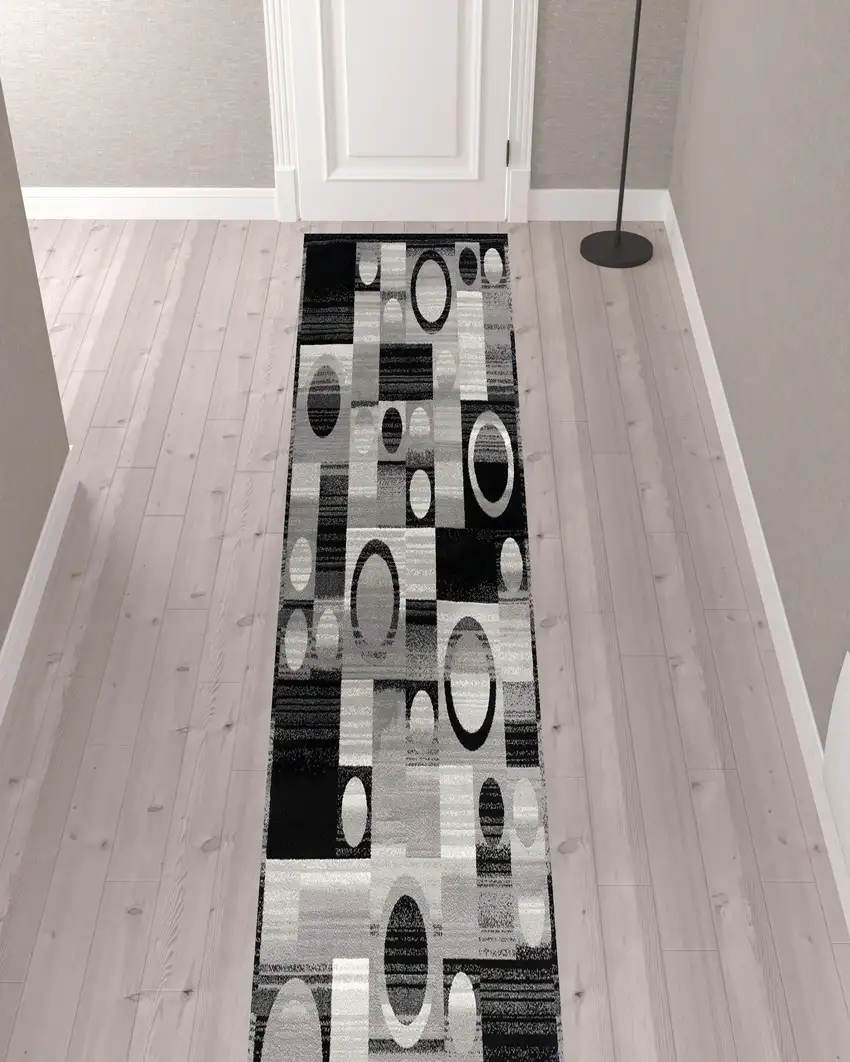 Gray Blocks and Rings Runner Rug Photo 7