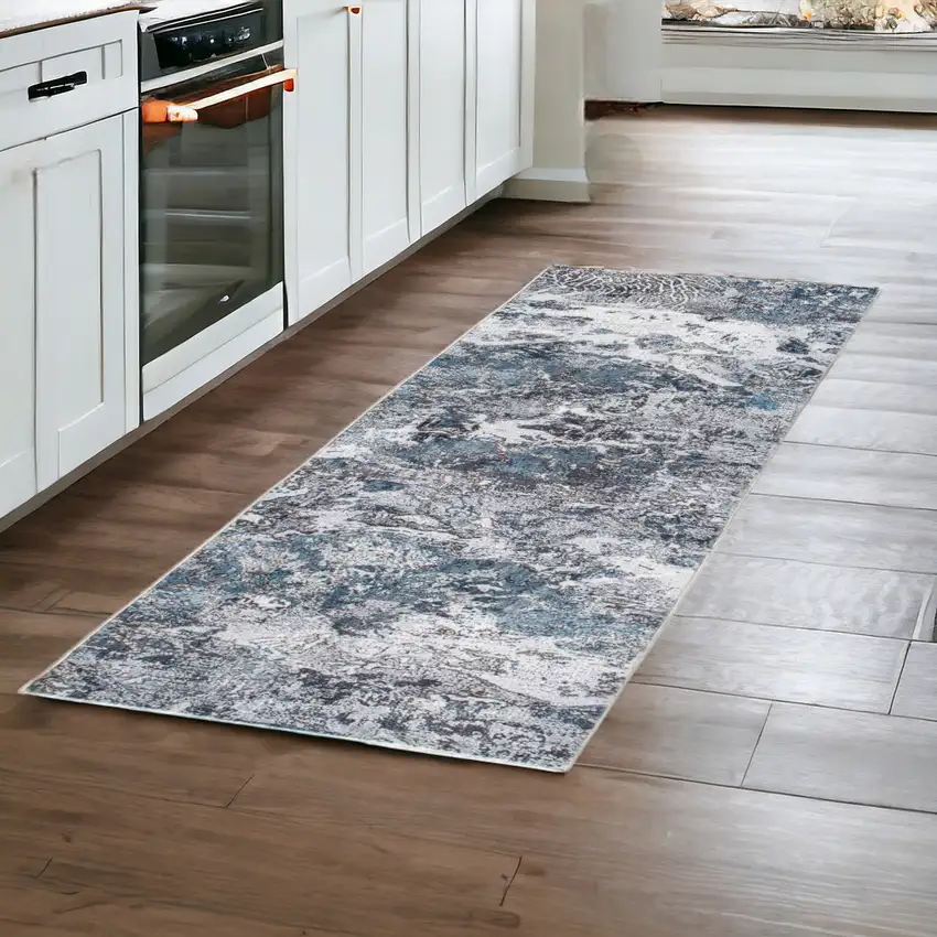 8' Blue And Gray Abstract Dhurrie Runner Rug Photo 1