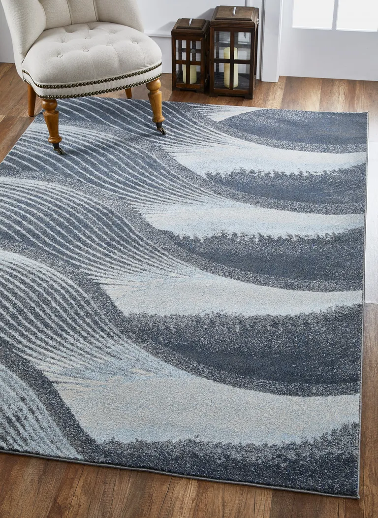 Gray Blue Abstract Waves Modern Area Rug Photo 4