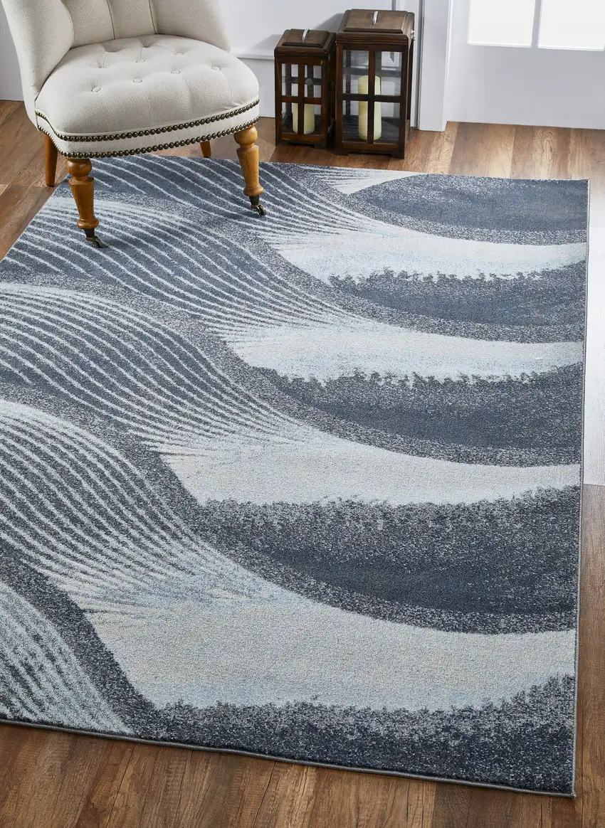 Gray Blue Abstract Waves Modern Area Rug Photo 6