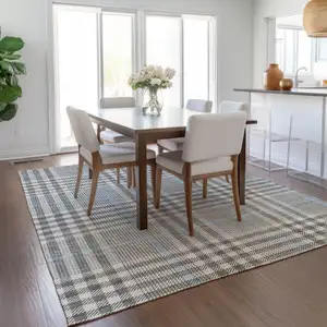 Photo of Gray Blue And Beige Plaid Washable Indoor Outdoor Area Rug
