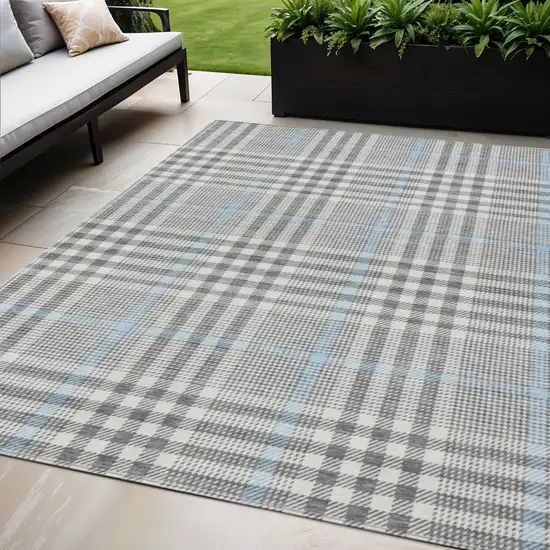 Gray Blue And Beige Plaid Washable Indoor Outdoor Area Rug Photo 1