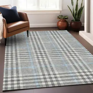 Photo of Gray Blue And Beige Plaid Washable Indoor Outdoor Area Rug
