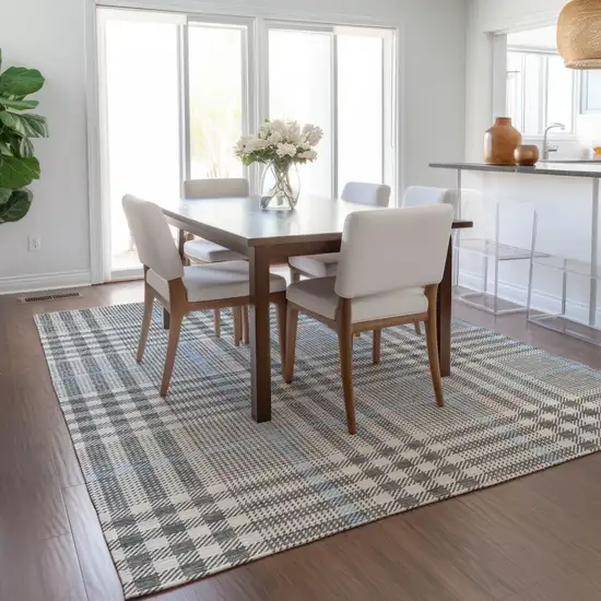 Gray Blue And Beige Plaid Washable Indoor Outdoor Area Rug Photo 9