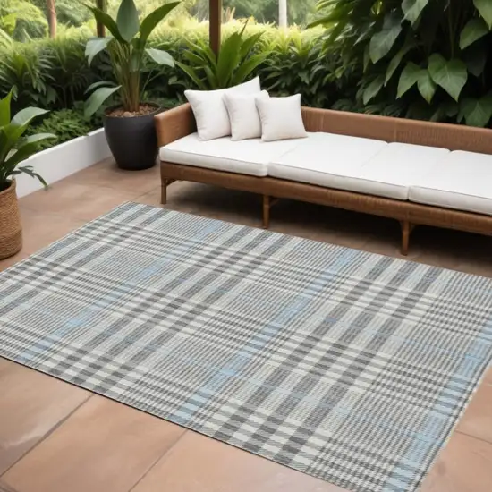 Gray Blue And Beige Plaid Washable Indoor Outdoor Area Rug Photo 1