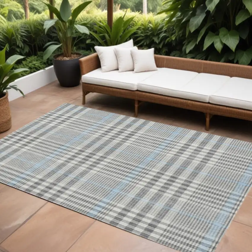 Gray Blue And Beige Plaid Washable Indoor Outdoor Area Rug Photo 1