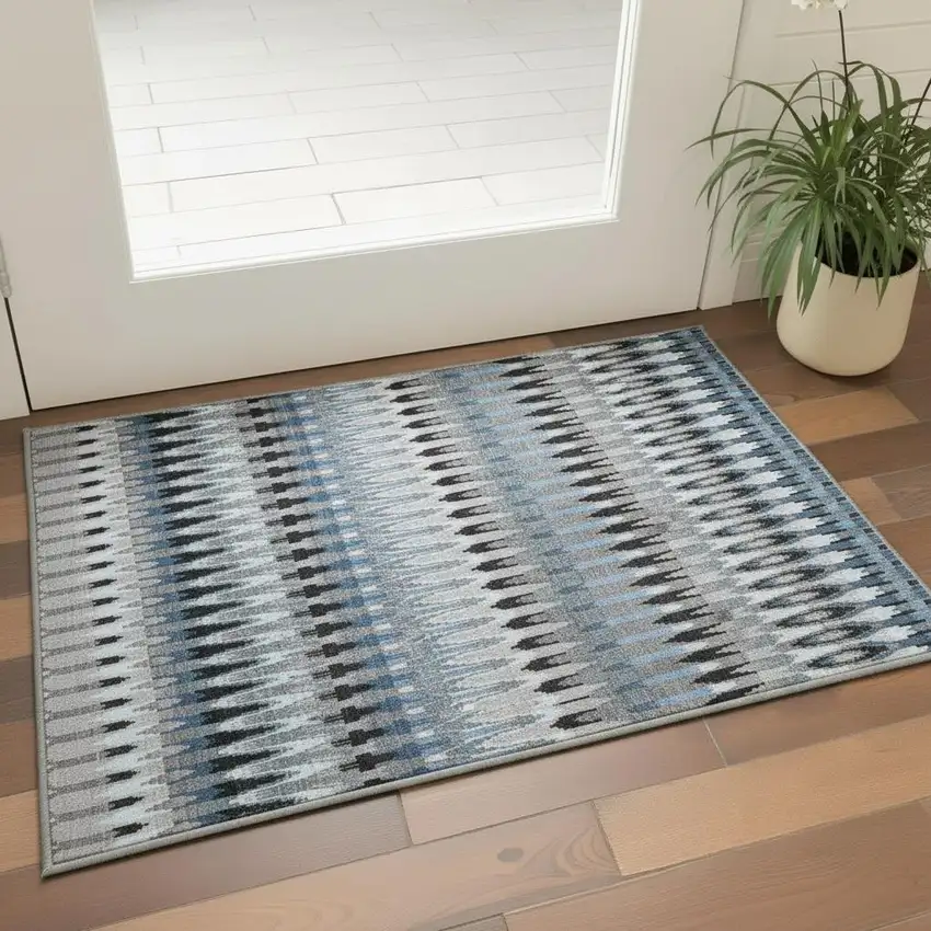 Gray Blue And Black Southwestern Washable Area Rug With UV Protection Photo 2