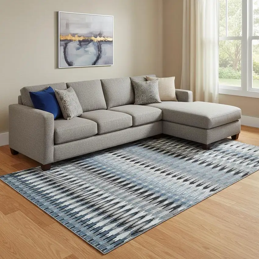 Gray Blue And Black Southwestern Washable Area Rug With UV Protection Photo 1