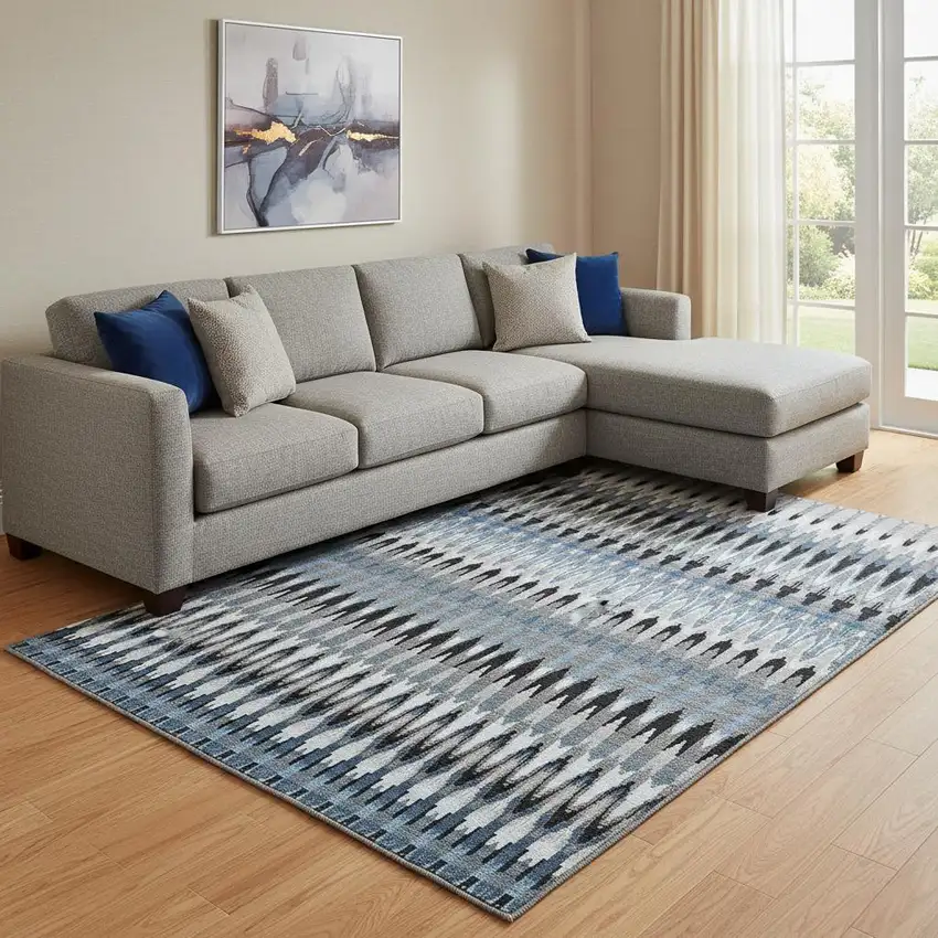 Gray Blue And Black Southwestern Washable Area Rug With UV Protection Photo 1