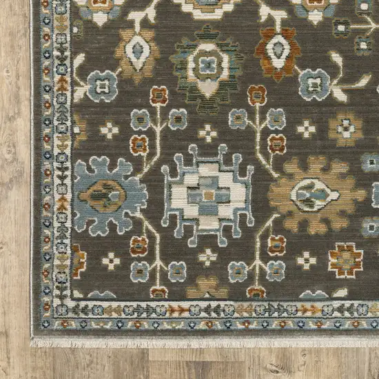 Gray Blue And Brown Floral Area Rug With Fringe Photo 5