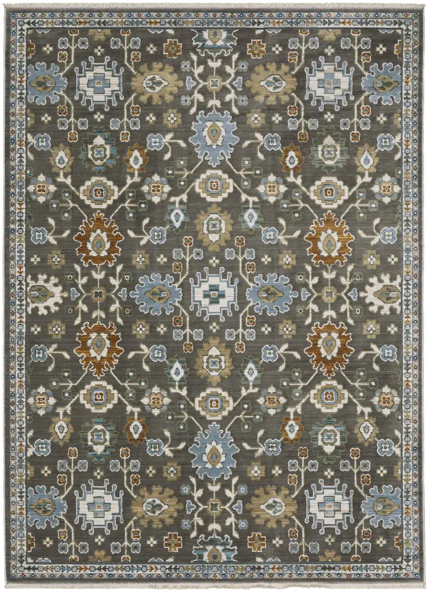 Gray Blue And Brown Floral Area Rug With Fringe Photo 3