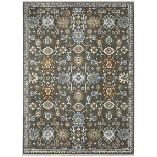Gray Blue And Brown Floral Area Rug With Fringe Photo 2