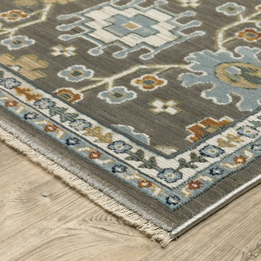 Gray Blue And Brown Floral Area Rug With Fringe Photo 9