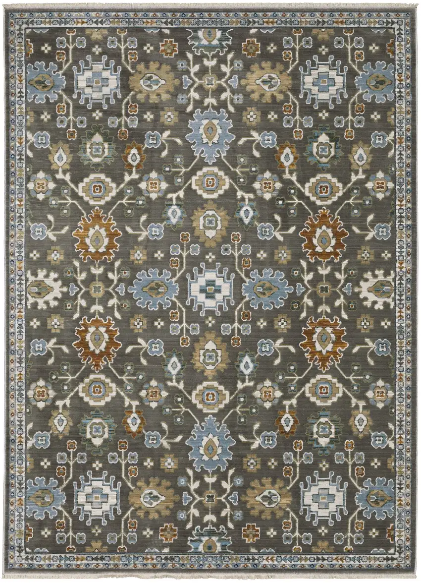 Gray Blue And Brown Floral Area Rug With Fringe Photo 2