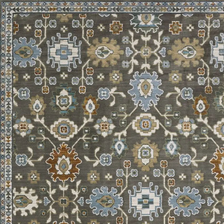Gray Blue And Brown Floral Area Rug With Fringe Photo 7