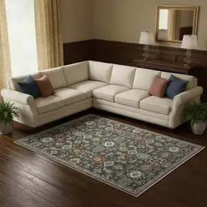Photo of Gray Blue And Brown Floral Area Rug With Fringe