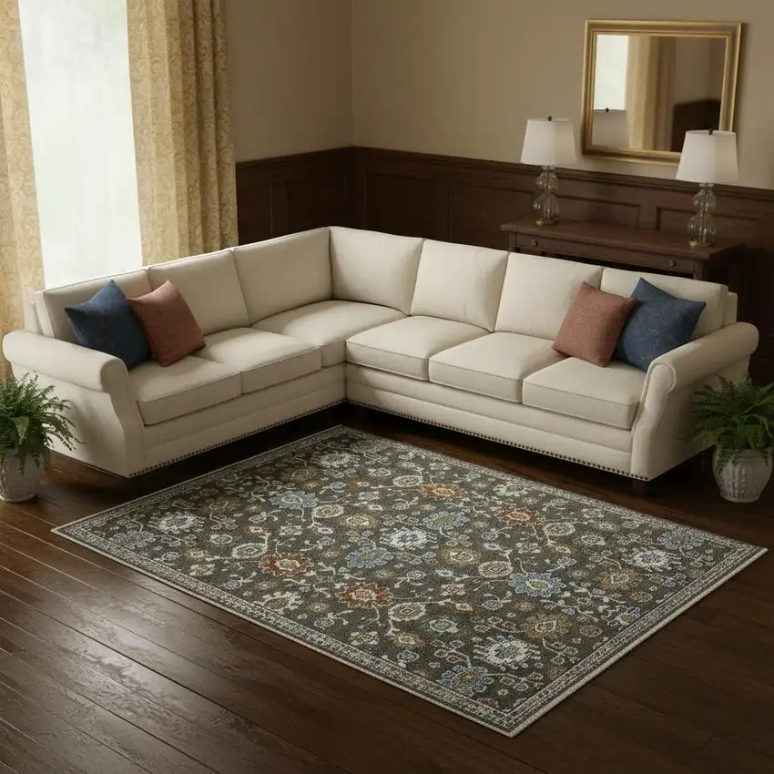 Gray Blue And Brown Floral Area Rug With Fringe Photo 1