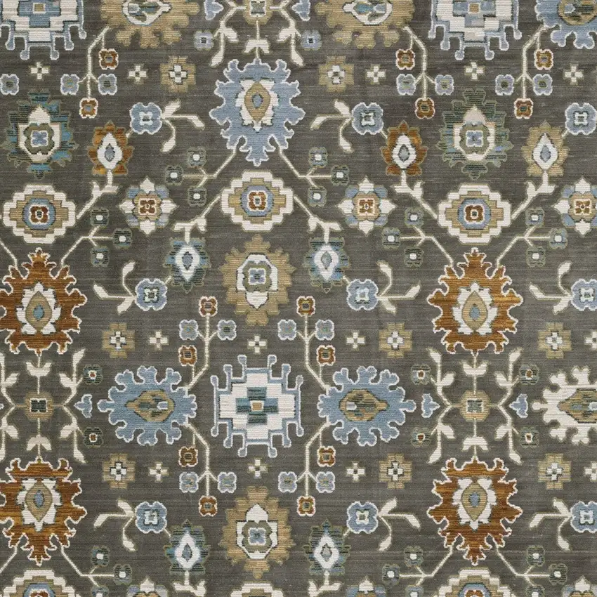 Gray Blue And Brown Floral Area Rug With Fringe Photo 6