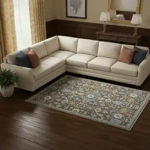 Photo of Gray Blue And Brown Floral Area Rug With Fringe