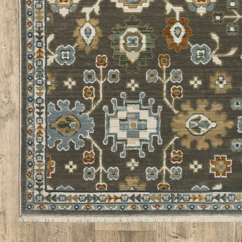 Gray Blue And Brown Floral Area Rug With Fringe Photo 4