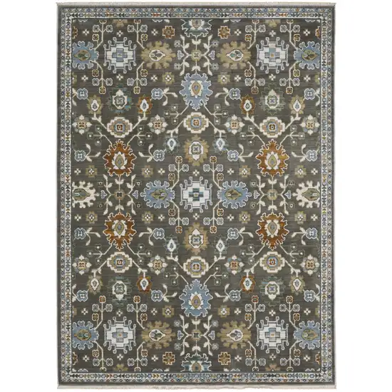 Gray Blue And Brown Floral Area Rug With Fringe Photo 2