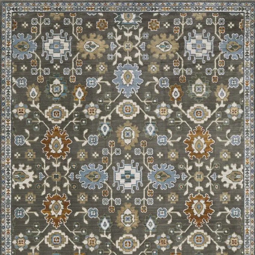 Gray Blue And Brown Floral Area Rug With Fringe Photo 7