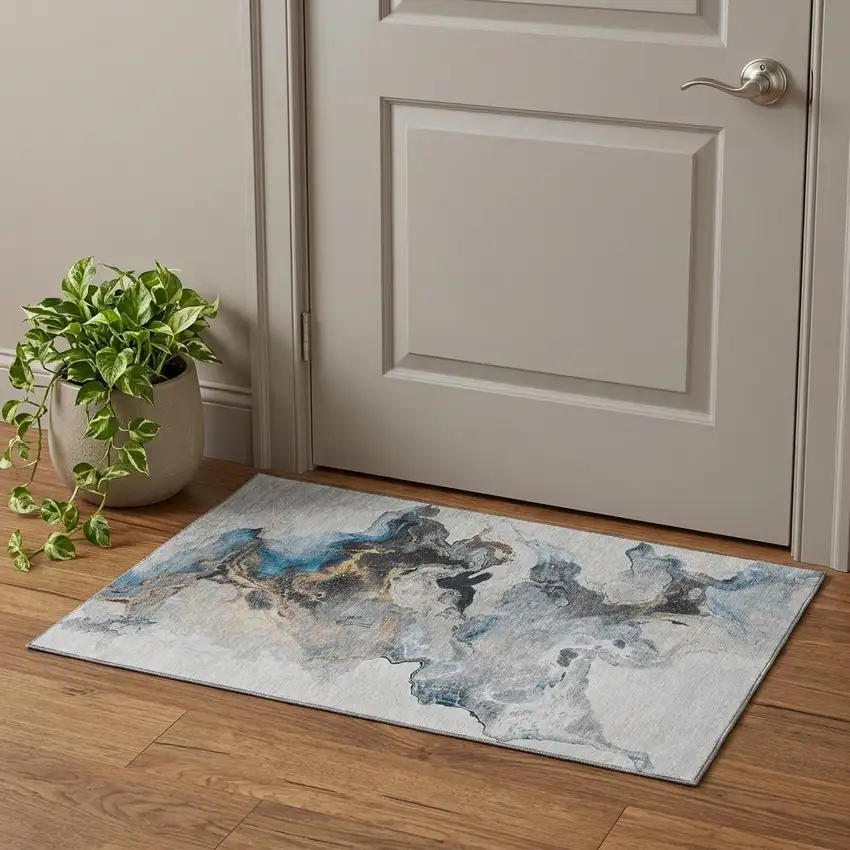 Gray Blue And Copper Abstract Washable Area Rug With UV Protection Photo 1