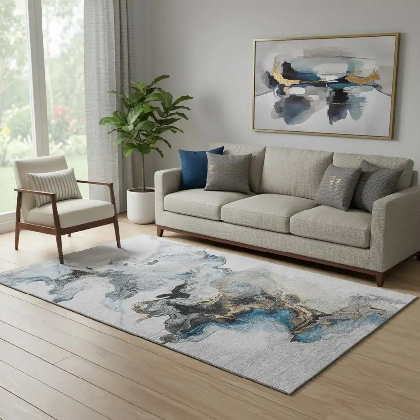 Gray Blue And Copper Abstract Washable Area Rug With UV Protection Photo 2