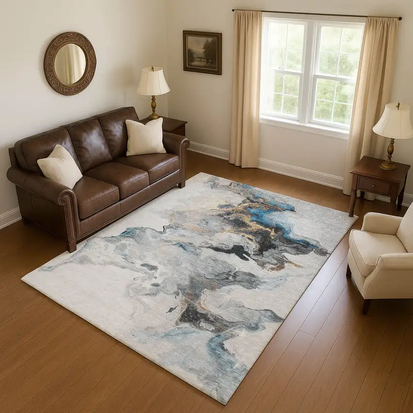 Gray Blue And Copper Abstract Washable Area Rug With UV Protection Photo 4