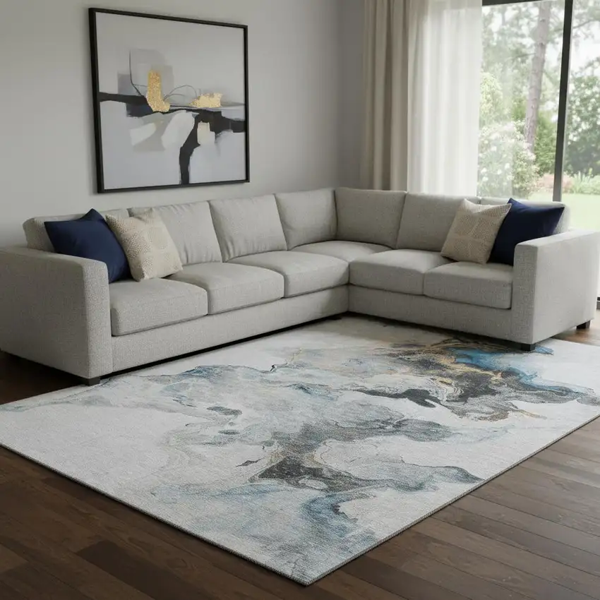 Gray Blue And Copper Abstract Washable Area Rug With UV Protection Photo 1
