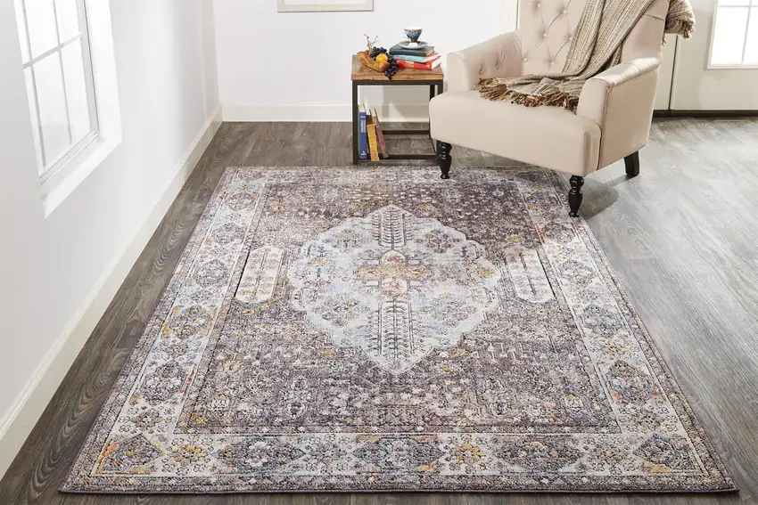 Gray Blue And Gold Floral Stain Resistant Area Rug Photo 9