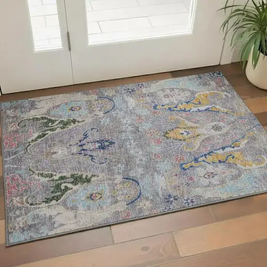 Gray Blue And Gold Floral Washable Area Rug With UV Protection Photo 2