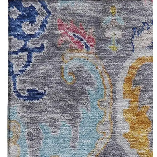 Gray Blue And Gold Floral Washable Area Rug With UV Protection Photo 3