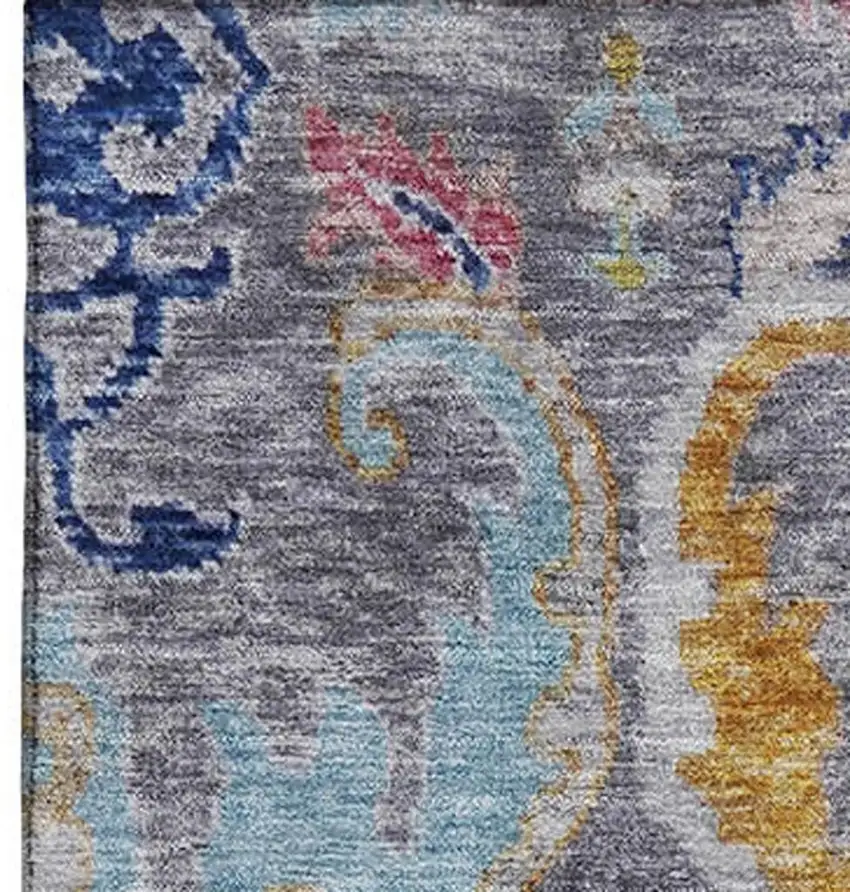 Gray Blue And Gold Floral Washable Area Rug With UV Protection Photo 3