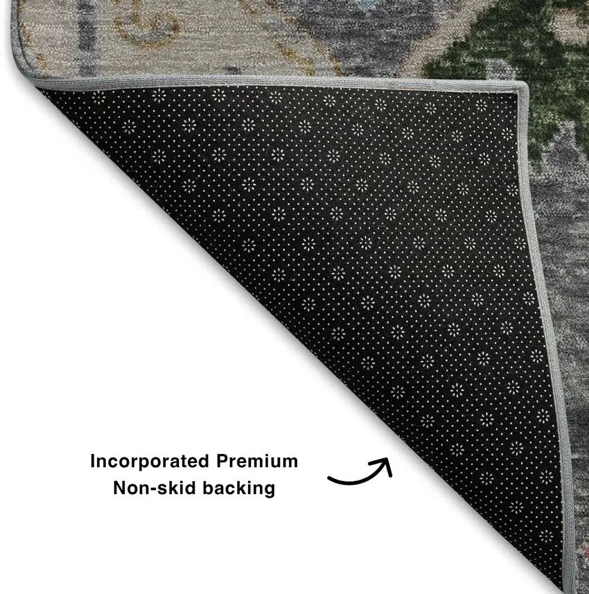 Gray Blue And Gold Floral Washable Area Rug With UV Protection Photo 7
