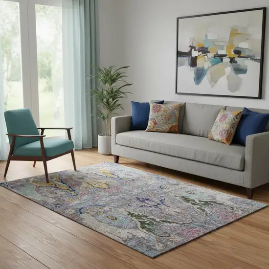 Gray Blue And Gold Floral Washable Area Rug With UV Protection Photo 2