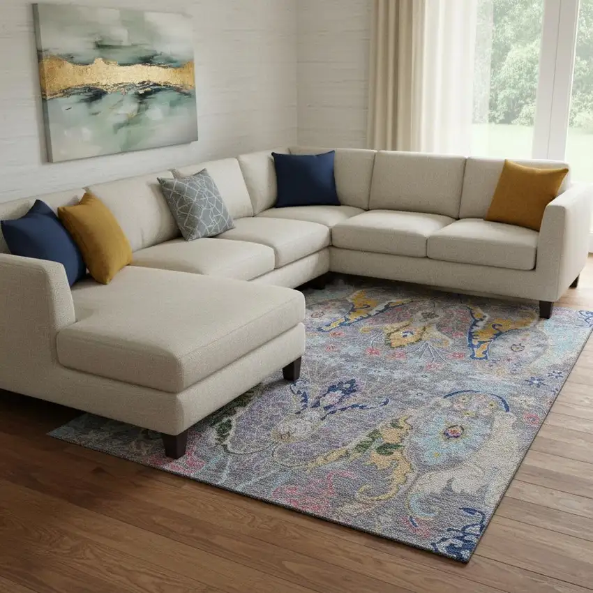 Gray Blue And Gold Floral Washable Area Rug With UV Protection Photo 2