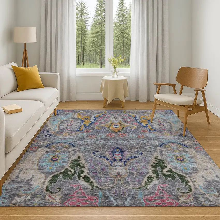 Gray Blue And Gold Floral Washable Area Rug With UV Protection Photo 6