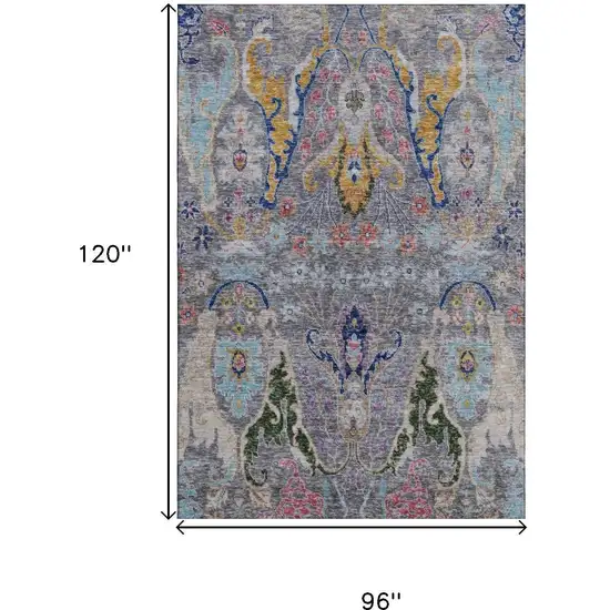 Gray Blue And Gold Floral Washable Area Rug With UV Protection Photo 9