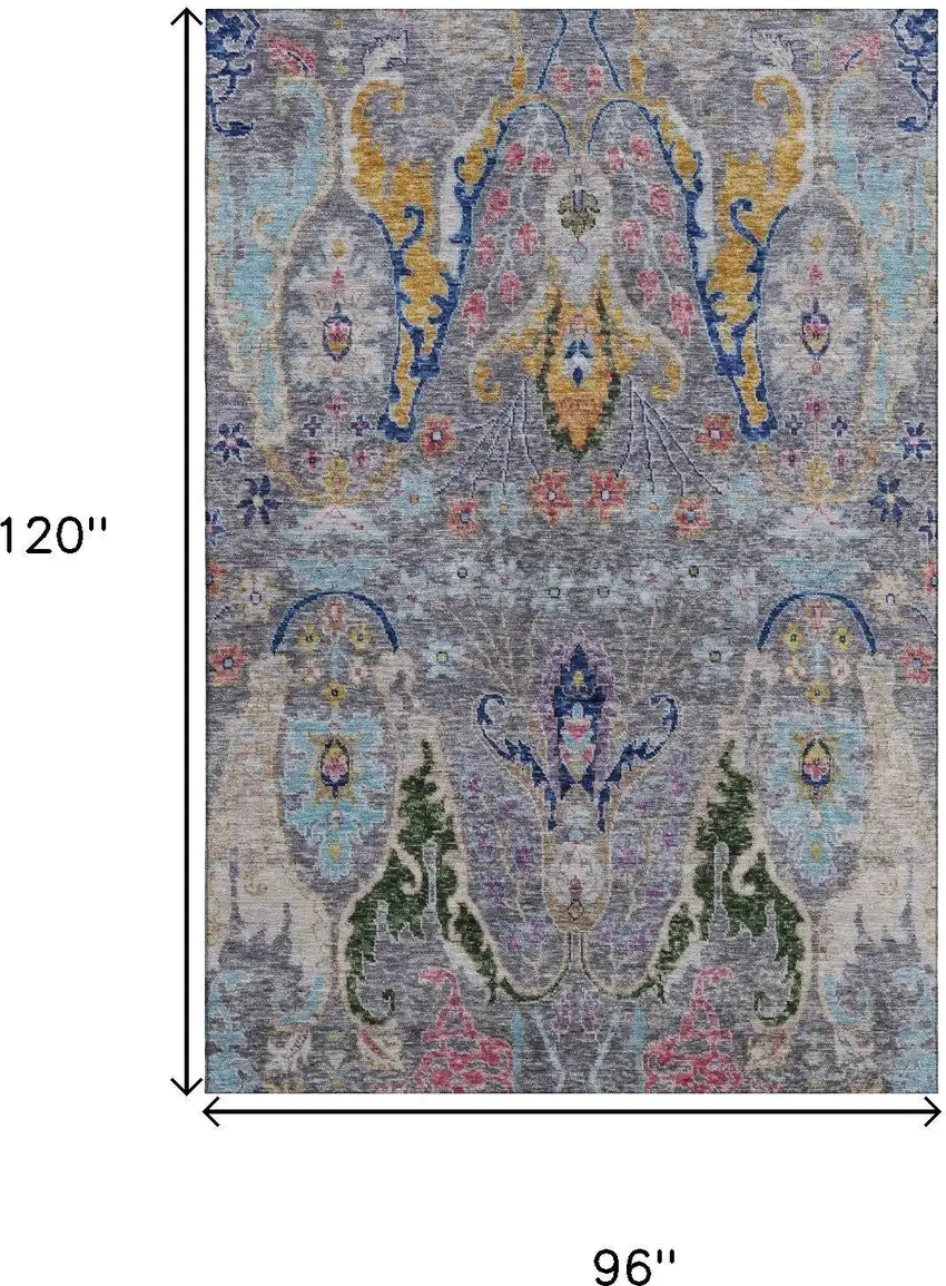 Gray Blue And Gold Floral Washable Area Rug With UV Protection Photo 9
