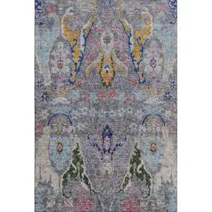 Photo of Gray Blue And Gold Floral Washable Area Rug With UV Protection
