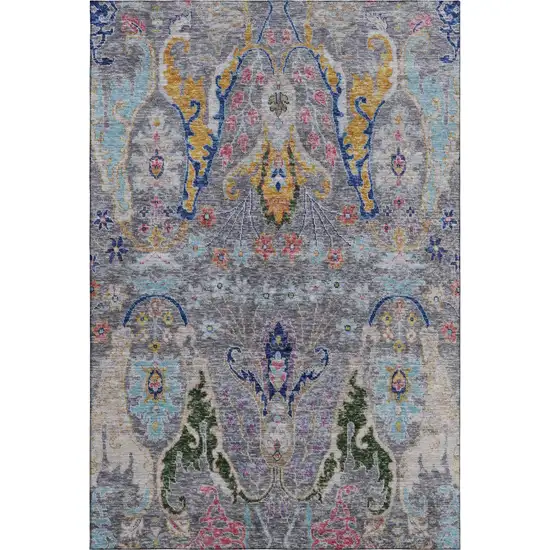 Gray Blue And Gold Floral Washable Area Rug With UV Protection Photo 1